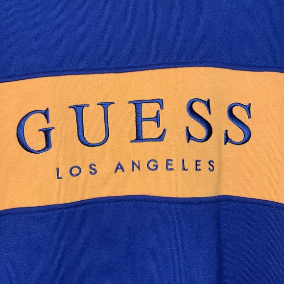 Comfortable Vintage Guess Navy Blue and Orange Los Angeles Crewneck Sweatshirt - Picture 3 of 6